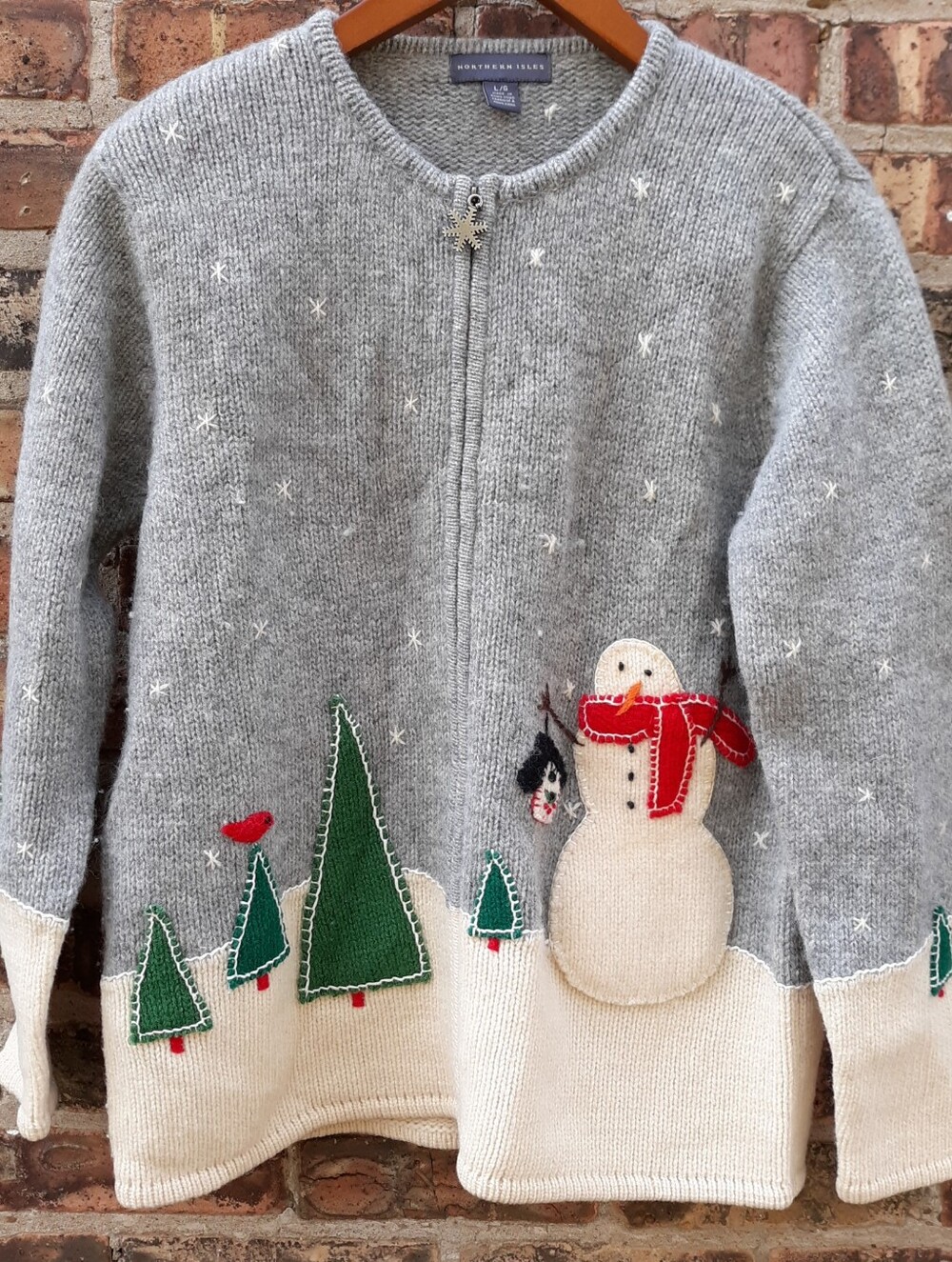 Northern Isles VTG 100% Wool Full Zip Sweater Cardigan Snowman Christmas L